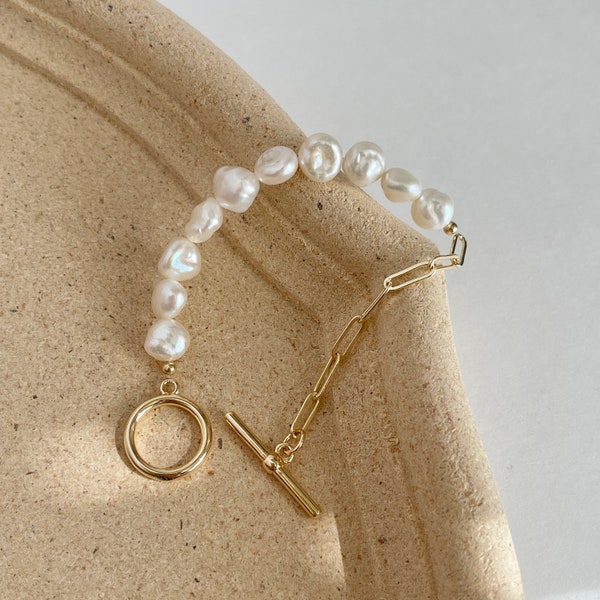 Half Baroque Pearl Half Gold Chain Bracelet,OT Clasp Bracelet,Real Pearl Toggle Clasp Bracelet,Freshwater Keshi Pearl Bracelet