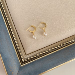 Dainty Pearl Drop Earrings,Pearl Huggie Earrings,Gold Pearl Earrings,Real Pearl Earrings,Pearl hoops,Bridesmaid Gift image 9