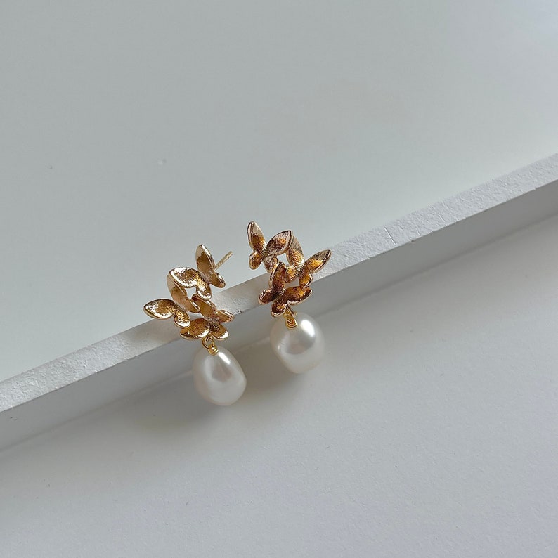 Gold Butterfly Earrings,Large Baroque Pearl Earrings,Pearl Earrings Dangle,Pearl Drop Earrings,Wedding Gift,Bridesmaid Jewelry image 3