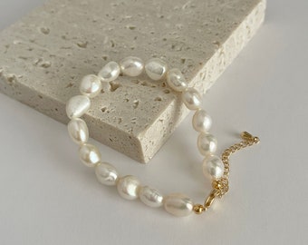 Adjustable Baroque Freshwater Pearl Bracelet,Chunky Pearl Bracelet,Toggle Beaded Bracelet,14k Gold Pearl Bracelet For Women