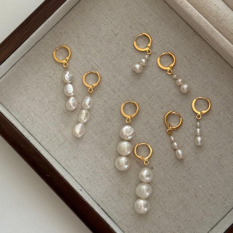 Gold Hoop Pearl Earrings,Bridesmaid Earrings Gift,Dainty Huggies Earrings,Gold Drop Pearl Earrings,Wedding Jewelry,Minimalist Earrings image 2