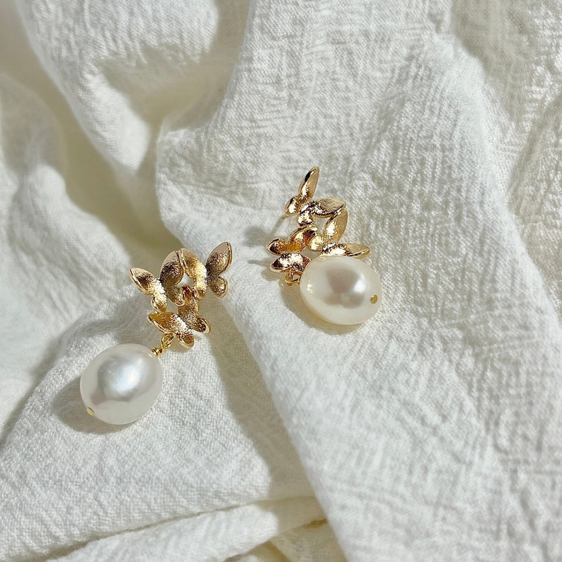 Gold Butterfly Earrings,Large Baroque Pearl Earrings,Pearl Earrings Dangle,Pearl Drop Earrings,Wedding Gift,Bridesmaid Jewelry image 9