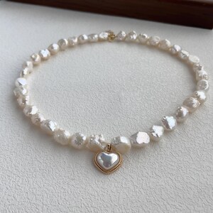 Rare Freshwater Druzy Rosebud Pearl Necklace,Gold Heart Charm Necklace,Baroque Pearl Necklace,Gift For Her,Real Pearl Necklace For Women