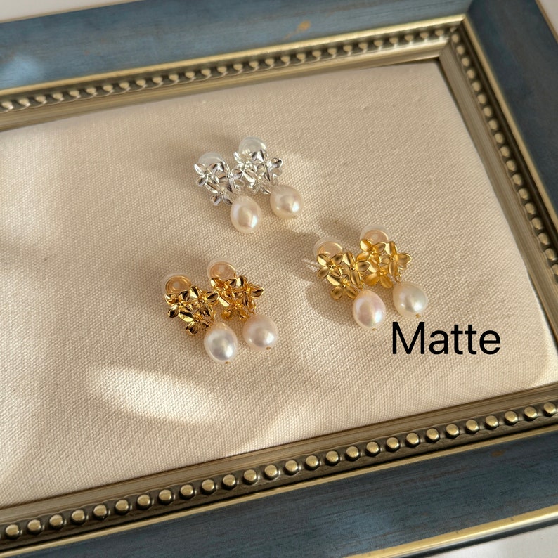Flower and Pearl Drop Earrings,Gold Pearl Earrings,Real Freshwater Pearl Earrings,Baroque Pearl Earrings,Bridesmaid Gift matte gold plated
