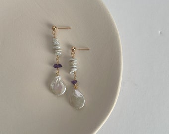 Baroque Coin Pearl Drop Earrings,Bridal Earrings,Dangle Pearl Earrings,Gold Pearl Earrings,Purple Crystal Pearl Earrings,Gift For Her