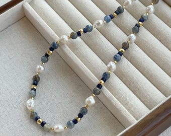 Aquamarine and Baroque Pearl Necklace,Lapis Lazuli Real Pearl Necklace,Bead Pearl Necklace,Gift For Her,Gift For Mom