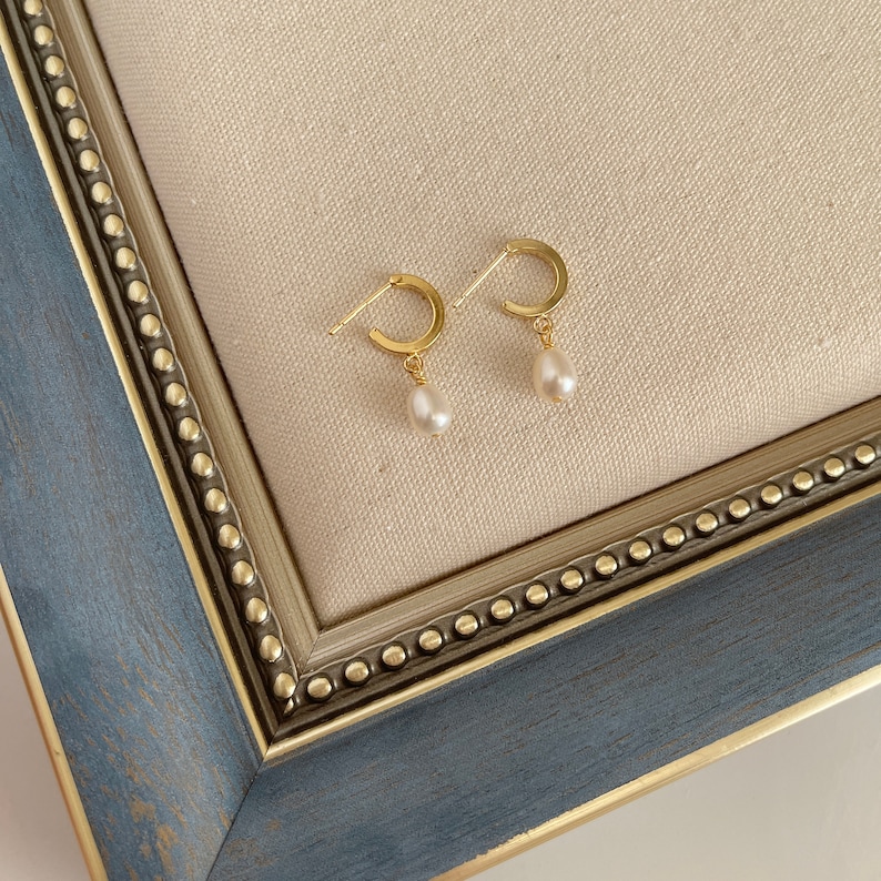Dainty Pearl Drop Earrings,Pearl Huggie Earrings,Gold Pearl Earrings,Real Pearl Earrings,Pearl hoops,Bridesmaid Gift image 4