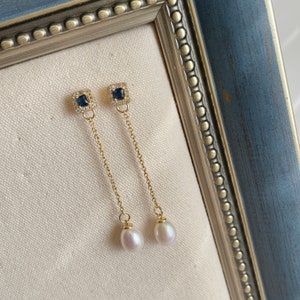 Blue Zircon Pearl Drop Earrings,Long Chain Earrings,Bridal Pearl Earrings,Pearl Long Dangle Earrings,Wedding Jewelry