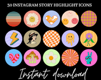 30 Retro Instagram Highlight Covers, Groovy Summer Story Highlight Icons, Colorful Highlights, Aesthetic Highlight covers, bright highlights