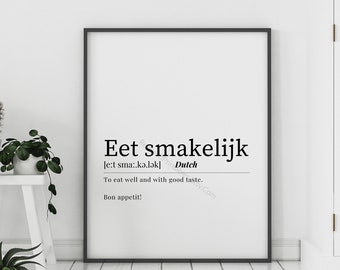 Eet Smakelijk definitie afdrukbare muurkunst, Nederlands huisdecor, Bon Appetit Quote Print, Eet Smakelijk woordenboek afdrukbare digitale download