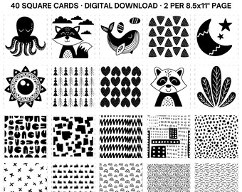 Cartes Contrastes Bébé AKOFIC - Noir Et Blanc 0-3 Mois - Stimulation Visuelle Montessori - 40 Motifs - 14x14cm