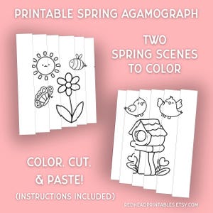 May include: Printable spring agamograph with two scenes to color, cut, and paste. The first scene features a sun, a bee, a butterfly, and a flower. The second scene features a birdhouse with two birds.