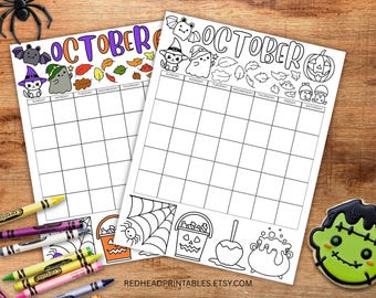 October Coloring Calendar Printable, Undated Colorable Calendar Page, Fall Coloring Activity, Halloween Coloring Calendar Pages for Kids