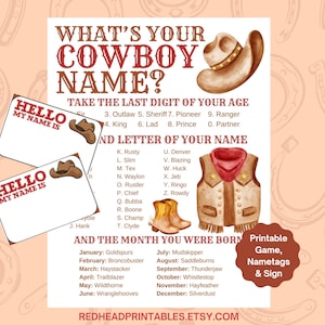 Gioco "Qual è il tuo nome da cowboy?", Gioco stampabile per feste di compleanno da cowboy, Stampabili per feste da cowboy, Etichette con nome da cowboy, Compleanno da cowboy in stile western