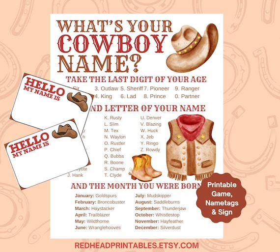 Gioco Feste A Tema Cowboy: Qual è Il Tuo Nome Da Cowboy? - Cartello + 30 Adesivi Targhette Per Compleanni E Feste A Tema