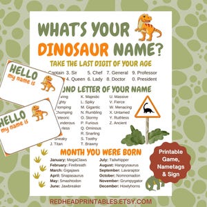 Jogo para imprimir &quot;Qual é o nome do seu dinossauro?&quot;, Jogo de aniversário de dinossauro, Jogo para imprimir para festa de aniversário, PDF para imprimir sobre dinossauros para crianças