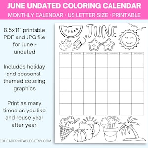 June Coloring Calendar Printable Undated, Monthly Colorable Calendar ...