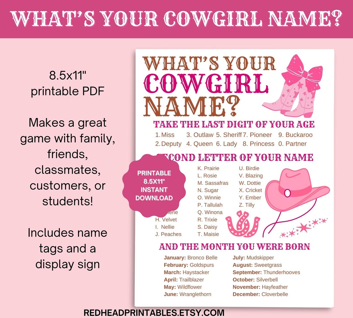Whats Your Cowgirl Name Game, Printable Cowgirl Birthday Party Game ...