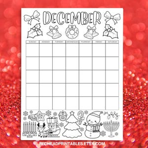December Coloring Calendar Printable Undated, Christmas Coloring Calendar, Monthly Calendar Coloring Activity for Kids, December Calendar