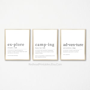Camping Definition, Explore Definition, Adventure Definition Druckbares Wandkunst Trio, Reise Zitat Printables, Camping Dekor, Reise Dekor