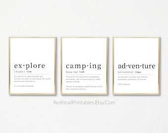 Definición de camping, Definición de exploración, Definición de aventura Printable Wall Art Trio, Cotización de viaje Imprimibles, Decoración de camping, Decoración de viaje