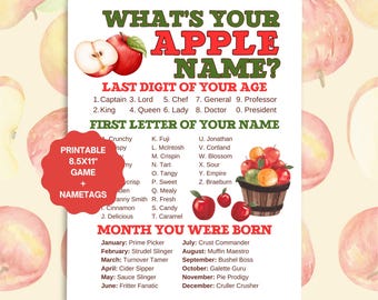 Whats Your Apple-naamspel Afdrukbaar herfstfeestspel, appelplukspel, naamspel met naamtags, bakfeestspel, kinderfeestje, kinderfeestje