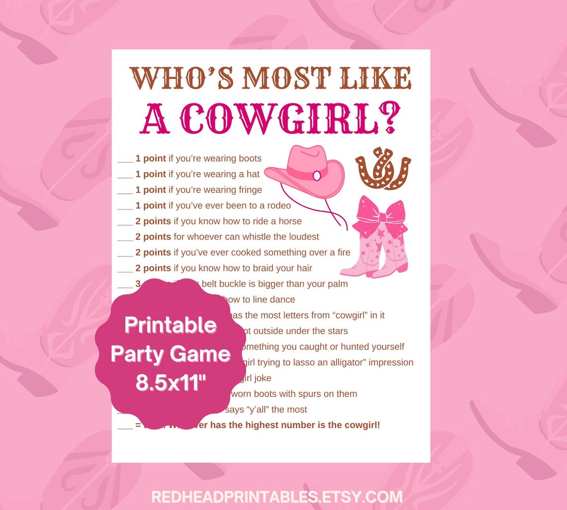 Who's Most Like a Cowgirl Party Game Printable, Funny Cowgirl Birthday ...