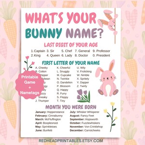 May include: A printable bunny name generator game with pink and green floral illustrations. The game uses the last digit of your age, the first letter of your name, and the month you were born to determine your bunny name. The text on the game says "What's Your Bunny Name?"