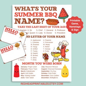 May include: A printable summer BBQ game with a red and brown color scheme. The game includes a list of BBQ-themed names, a watermelon popsicle, a hot dog, and a smiling mustard bottle. Two "Hello My Name Is" nametags are also included.