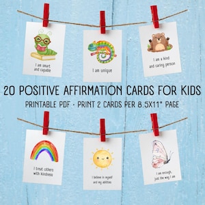 20 Cartões de Afirmação Positiva para Crianças para Imprimir, Cartões de Afirmação Diários para Crianças, Cartões de Afirmação Digitais com Citações Positivas para Crianças para Imprimir em PDF