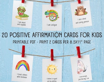 20 positieve bevestigingskaarten afdrukbaar voor kinderen, dagelijkse bevestigingskaarten voor kinderen, digitale bevestigingskaarten positieve quotes voor kinderen afdrukbare pdf