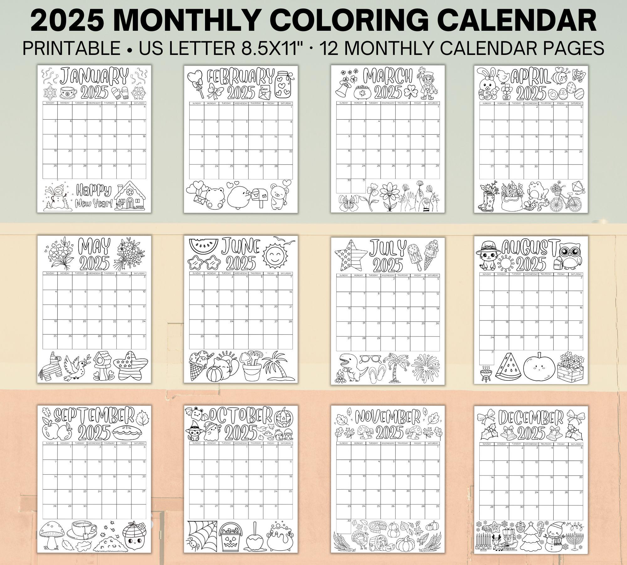 2025 Coloring Calendar 12 Month Bundle, Monthly 2025 Colorable Calendar ...