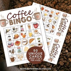 以下が含まれることがあります： コーヒーをテーマにしたイラストと「Coffee Bingo」の文字が入った2枚の白いCoffee Bingoカード。カードには、コーヒー、ペストリー、材料の画像が掲載されています。カードには「50枚のユニークカード」と「1ページに1枚または2枚印刷」という文字も含まれています。