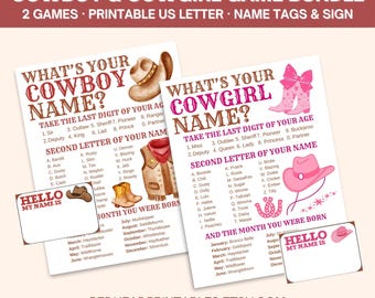 Paquete de juegos de nombres de vaquero y vaquera, paquete de juegos imprimibles de nombres de cumpleaños del oeste, ¿Cuál es tu nombre de vaquero?, ¿Cuál es tu nombre de vaquera? (PDF)