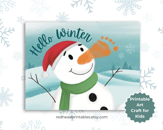 Hello Winter Snowman Footprint Craft, Baby Footprint Art Craft, Footprint Keepsake, Snowman Printable Craft for Kids, Winter Craft PDF
