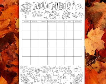 November Coloring Calendar Page UNDATED, Printable Thanksgiving Coloring Activity, Monthly Calendar, Autumn Coloring Activity for Kids