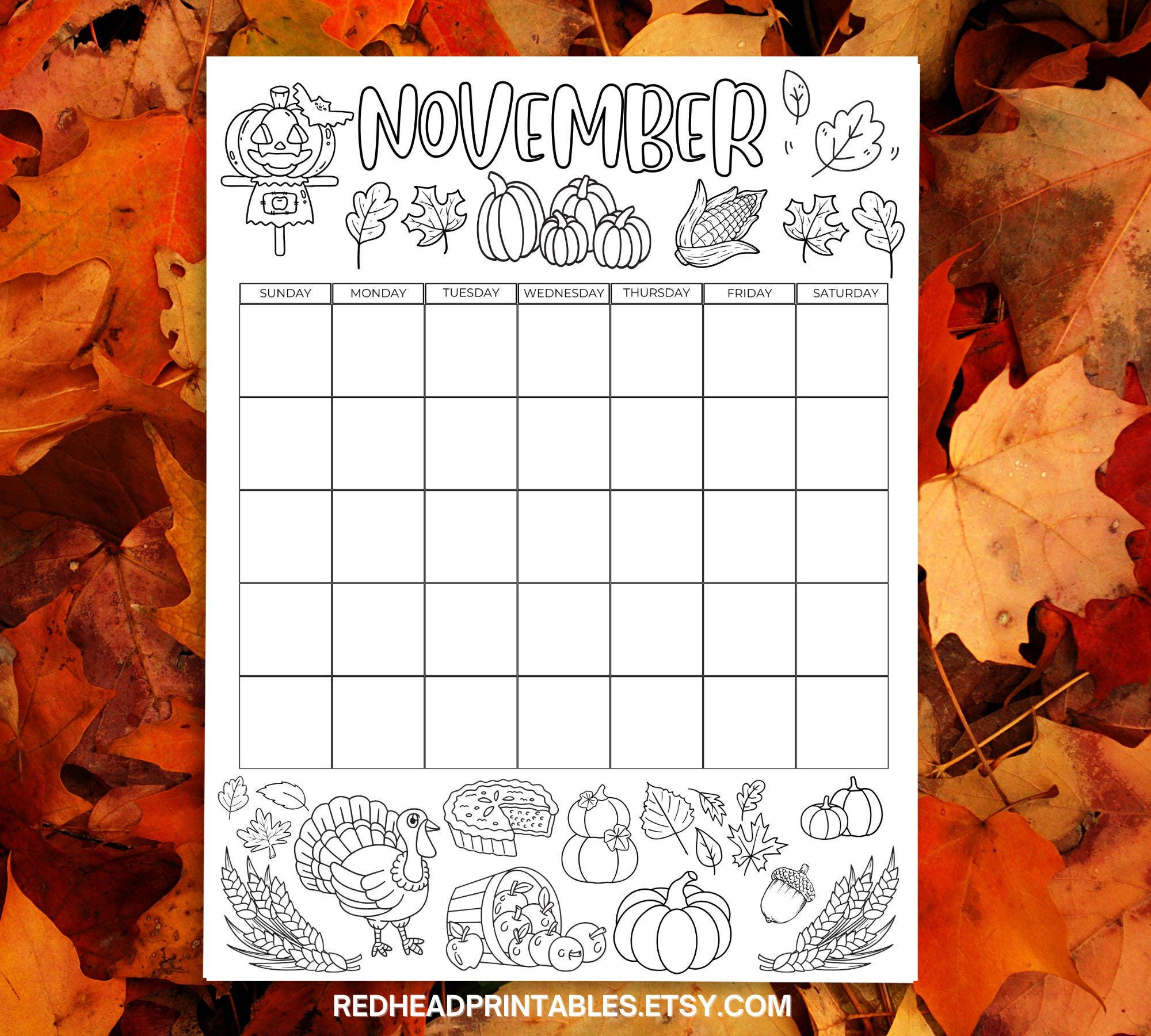 November Coloring Calendar Page UNDATED, Printable Thanksgiving ...