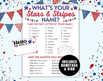 Whats Your Stars and Stripes Name Game Printable, Patriotic Game, 4th of July Game, Memorial Day Game, Red White Blue Game