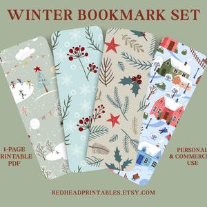 Könnte beinhalten: Ein Set aus vier Lesezeichen zum Thema Winter. Jedes Lesezeichen hat ein einzigartiges Design, darunter Illustrationen von Eislaufen, Schneeflocken, Beeren und Winterhäusern. Der Text "Winter Bookmark Set" steht oben. Der Text "1-page printable PDF" ist auch sichtbar.