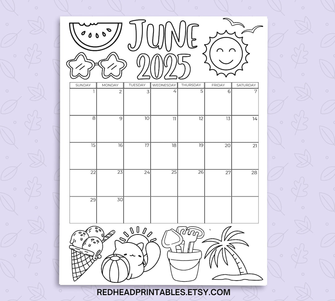 June 2025 Coloring Calendar Printable, June Colorable Monthly Calendar