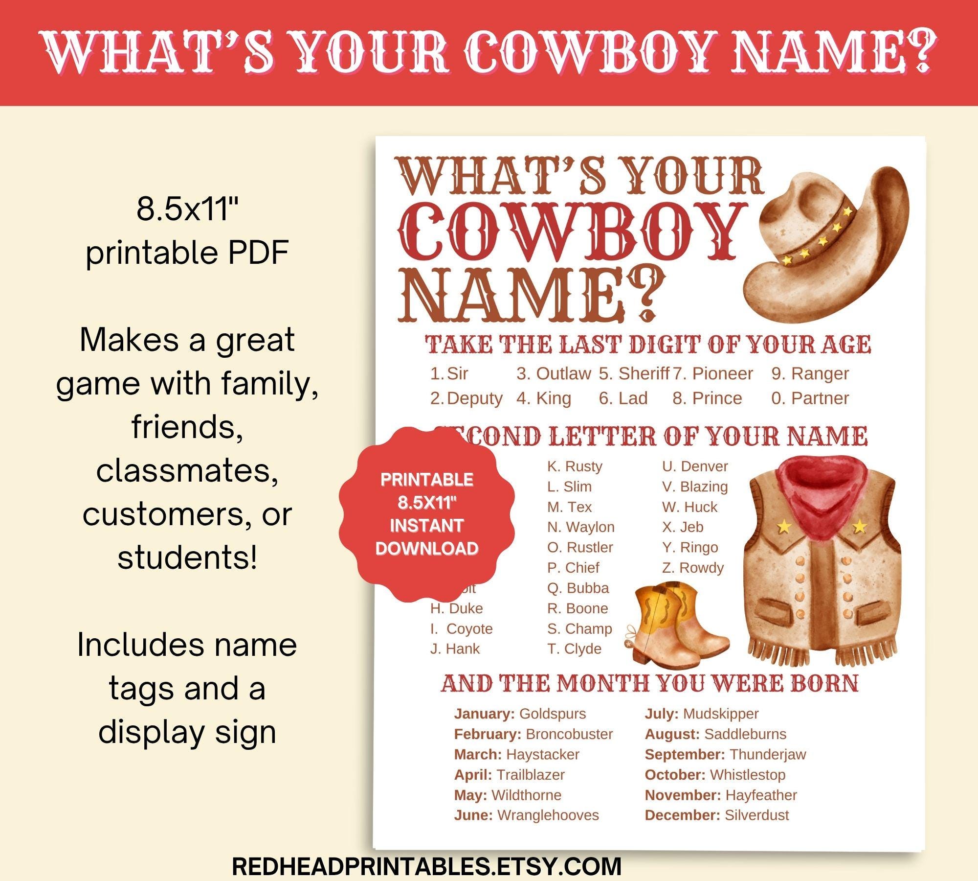 Whats Your Cowboy Name Game, Printable Cowboy Birthday Party Game ...
