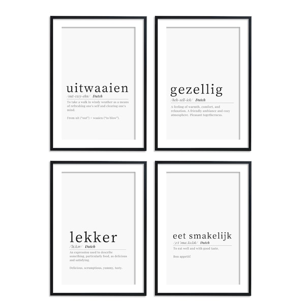 Definiciones holandesas Printable Wall Art Bundle, Gezellig Definition, Lekker Definition, Eet Smakelijk Definition, Uitwaaien Dictionary Decor