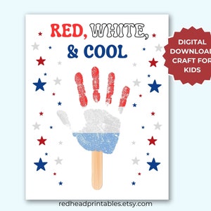 Manualidad de helado con huella de mano roja, blanca y fresca, manualidad para niños en edad preescolar, manualidad del 4 de julio, manualidad patriótica en PDF, Día de los Caídos, manualidad del Día del Trabajo