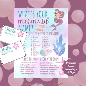 Whats Your Mermaid Name Game, Mermaid Birthday Party Game for Girls Birthday, Mermaid Game, Printable Party Games, Mermaid Themed Party