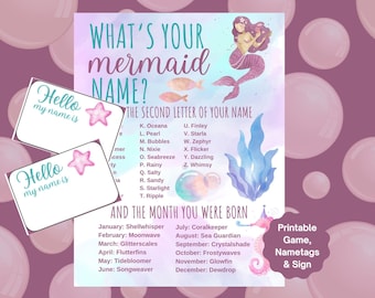 Whats Your Mermaid Name Game, Mermaid Birthday Party Game for Girls Birthday, Mermaid Game, Printable Party Games, Mermaid Themed Party