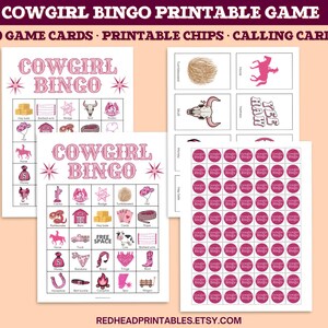 May include: A printable "Cowgirl Bingo" game set with 50 game cards, printable chips, and calling cards. The game cards feature pink text and illustrations of cowgirl-themed items. The set includes a variety of bingo cards and chips.
