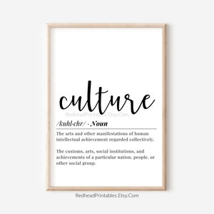 May include: A framed print featuring the word "culture" in elegant script. The print includes a definition of culture, with the Etsy shop name "RedheadPrintables.Etsy.Com" displayed at the top and bottom of the print.
