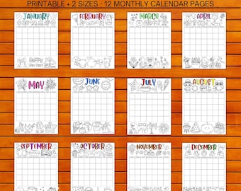 Monthly Coloring Calendar Bundle UNDATED, Colorable Calendar, Printable Monthly Calendar Pages Colorable, Seasonal Calendar, 8.5x11, 16x20