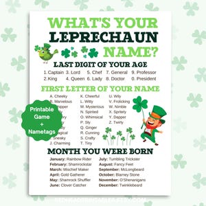 Whats Your Leprechaun Name Game Printable, St Patricks Day Game, Irish Game Printable, Name Game and Nametags, Funny Printable Game