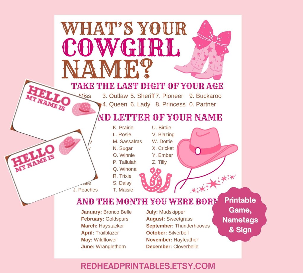 Gioco Feste A Tema Cowboy: Qual è Il Tuo Nome Da Cowboy? - Cartello + 30 Adesivi Targhette Per Compleanni E Feste A Tema